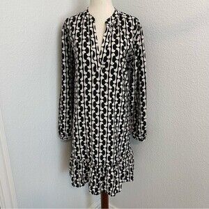 ZARA NWOT Black Ivory Unique Prairie Boho Retro Ruffle V Neck L Slv Dress SZ L